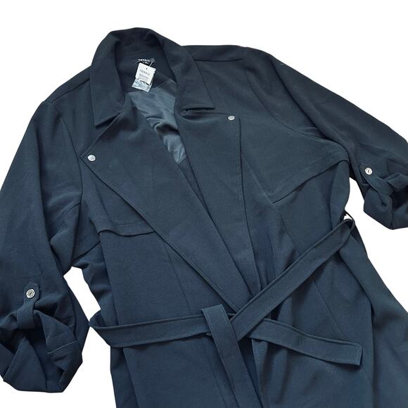 Torrid Black Trench Coat Jacket Draped Open Tie Front Roll Tab Sleeve 5 NWT - Picture 2 of 8